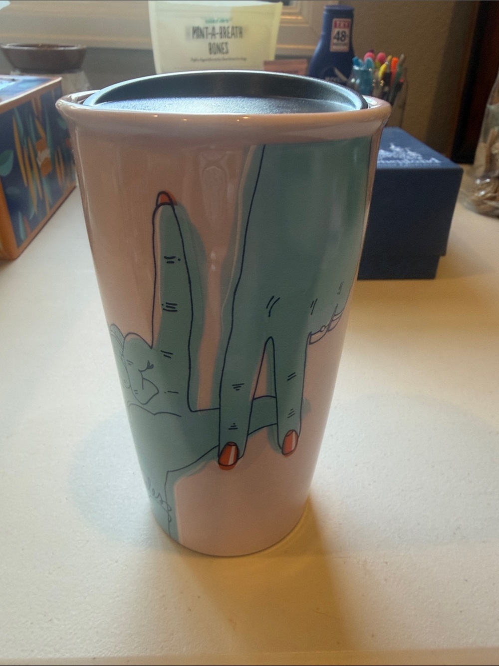 Starbucks Ceramic Travel Tumbler LA Teal Hand Illustration and Orange Nails